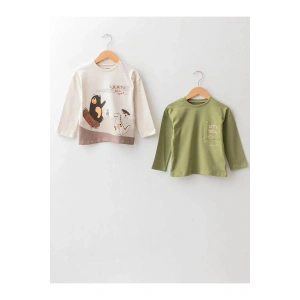 LCW baby Bej Bisiklet Yaka Uzun Kollu Baskılı Erkek Bebek Tişört 2li