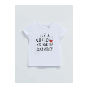 LCW baby Beyaz Bisiklet Yaka Kısa Kol Baskılı Pamuklu Kız Bebek Tişört