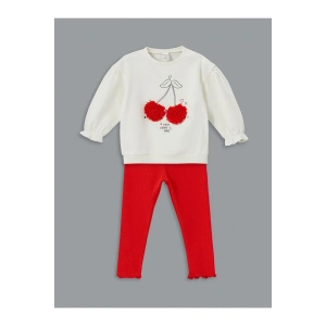 LCW baby Bisiklet Yaka Kiraz Baskılı Kız Bebek Sweatshirt ve Tayt 2li