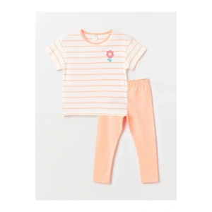 LCW baby Bisiklet Yaka Kısa Kollu Çizgili Kız Bebek Tişört ve Tayt 2li Takım