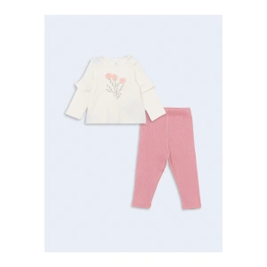 Lcw Baby Ekru Bisiklet Yaka Baskılı Kız Bebek Bluz Ve Tayt 2li Takım