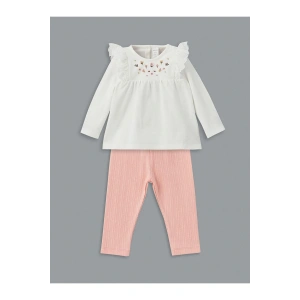 LCW baby Ekru Bisiklet Yaka Çiçekli Kız Bebek Bluz ve Tayt 2li