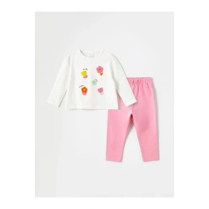 LCW baby Ekru Bisiklet Yaka Çiçekli Kız Çocuk Bluz ve Tayt 2li