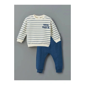 LCW baby Ekru Bisiklet Yaka Çizgili Erkek Sweatshirt ve Eşofman Alt 2li