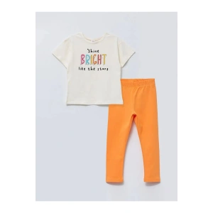 LCW baby Ekru Bisiklet Yaka Kısa Kollu Baskılı Pamuklu Kız Bebek Tişört ve Tayt 2li Takım