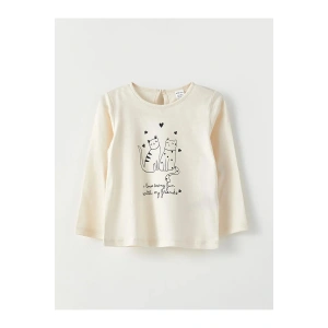 LCW baby Ekru Bisiklet Yaka Uzun Kol Baskılı Pamuklu Kız Bebek Tişört