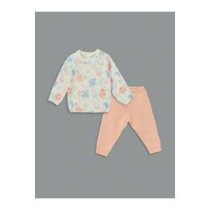 LCW baby Ekru Bisiklet Yaka Uzun Kollu Baskılı Kız Bebek Sweatshirt ve Eşofman Alt 2li Takım