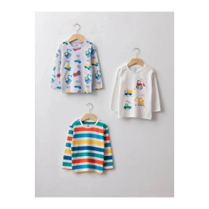 LCW baby Ekru Bisiklet Yaka Uzun Kollu Baskılı Pamuklu Erkek Bebek Tişört 3lü