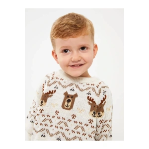 LCW baby Ekru Bisiklet Yaka Uzun Kollu Desenli Erkek Bebek Triko Kazak