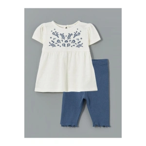LCW baby Ekru Çiçekli Kız Bebek Tişört ve Tayt 2li