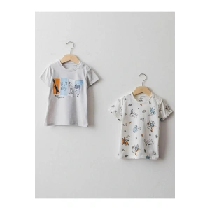 LCW baby Gri Bisiklet Yaka Kısa Kollu Baskılı Pamuklu Erkek Bebek Tişört 2li