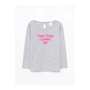 LCW baby Gri Bisiklet Yaka Uzun Kol Baskılı Pamuklu Kız Bebek Tişört