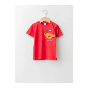 LCW baby kırmızı Bisiklet Yaka Kısa Kollu Yılbaşı Temalı Pamuklu Erkek Bebek Tişört