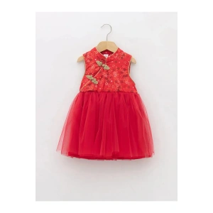 LCW baby Kırmızı Dik Yaka Desenli Kız Bebek Tül Etekli Elbise