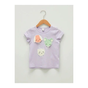 LCW baby Lila Bisiklet Yaka Kısa Kol Baskılı Pamuklu Kız Bebek Tişört