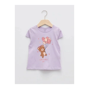 LCW baby Lila Bisiklet Yaka Kısa Kollu Baskılı Kız Bebek Tişört