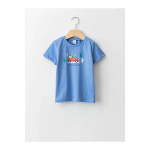 LCW baby Mavi Bisiklet Yaka Kısa Kol Baskılı Pamuklu Erkek Bebek Tişört