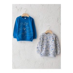 LCW baby Mavi Bisiklet Yaka Uzun Kol Baskılı Erkek Bebek Sweatshirt 2li