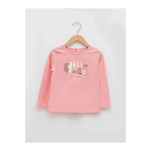 LCW baby Pembe Bisiklet Yaka Uzun Kol Baskılı Pamuklu Kız Bebek Tişört