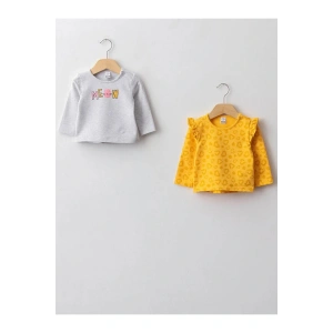 LCW baby Sarı Bisiklet Yaka Uzun Kol Kız Bebek Tişört 2li
