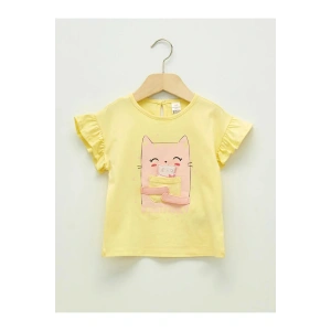 LCW baby Sarı Fırfır Detaylı Bisiklet Yaka Kısa Kollu Kız Bebek Tişört