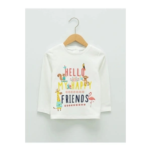 LCW ECO Beyaz Bisiklet Yaka Uzun Kol Baskılı Kız Bebek Tişört