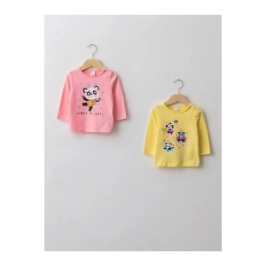 LCW ECO Pembe Bisiklet Yaka Uzun Kollu Baskılı Pamuklu Kız Bebek Tişört 2li