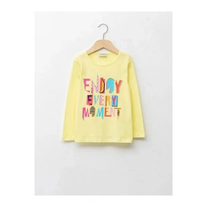 LCW ECO Sarı Bisiklet Yaka Baskılı Uzun Kollu Kız Çocuk Tişört