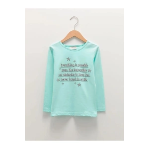 LCW ECO Yeşil Bisiklet Yaka Baskılı Uzun Kollu Pamuklu Kız Çocuk Tişört