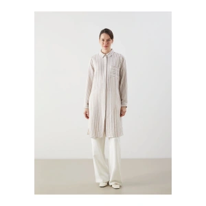 LCW Grace Bej Çizgili Keten Görünümlü Kadın Gömlek Tunik