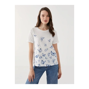 LCW Grace Beyaz Bisiklet Yaka Baskılı Kadın Tişört