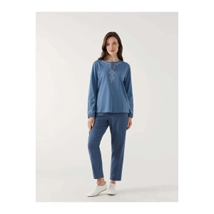 LCW Grace İndigo Bağlamalı Yaka Desenli Kadın Bluz