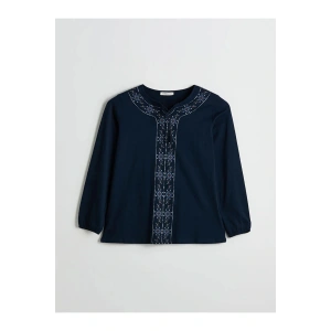 LCW Grace Lacivert Bağlamalı Yaka Desenli Bluz