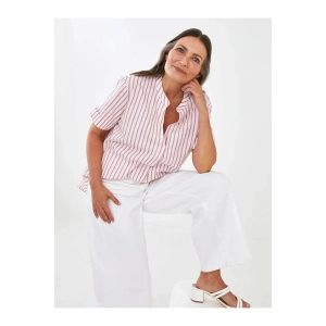 LCW Grace Pembe Kaçık Yaka Çizgili Kısa Kollu Pamuklu Kadın Bluz