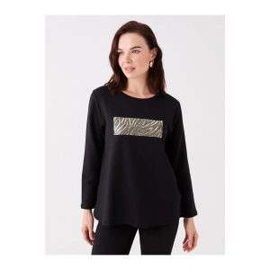 LCW Grace Siyah Bisiklet Yaka Baskılı Uzun Kollu Kadın Bluz