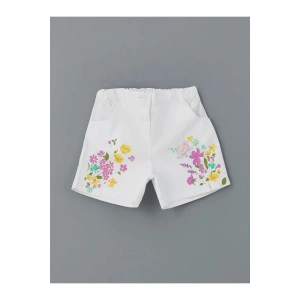 LCW Kids Beyaz Beli Lastikli Çiçekli Kız Çocuk Şort