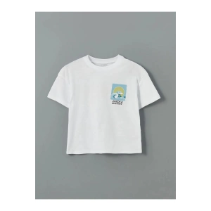 LCW Kids Beyaz Bisiklet Yaka Baskılı Erkek Çocuk Tişört