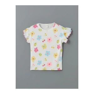 LCW Kids Beyaz Bisiklet Yaka Çiçekli Kız Çocuk Tişört