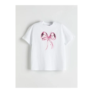 LCW Kids Beyaz Bisiklet Yaka Fiyonk Baskılı Kız Çocuk Tişört