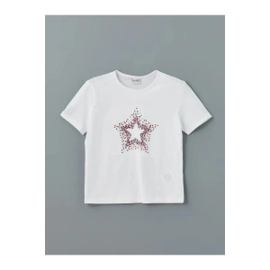 LCW Kids Beyaz Bisiklet Yaka Pul İşlemeli Kız Çocuk Tişört