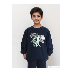LCW Kids Bisiklet Yaka Dinozor Baskılı Erkek Çocuk Kalın Sweatshirt