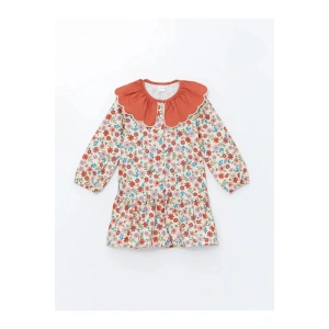 LCW Kids Bordo Baskılı Bebe Yaka Uzun Kollu Çiçekli Kız Çocuk Elbise