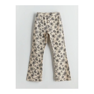 LCW Kids Ekru Beli Lastikli Çiçekli İspanyol Paça Kız Çocuk Tayt