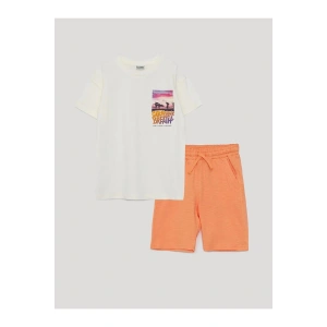 LCW Kids Ekru Bisiklet Yaka Baskılı Kısa Kollu Erkek Çocuk Tişört ve Bermuda