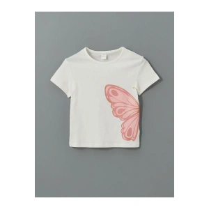 LCW Kids Ekru Bisiklet Yaka Baskılı Kız Çocuk Tişört