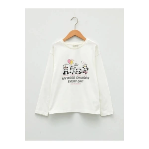 LCW Kids Ekru Bisiklet Yaka Baskılı Uzun Kollu Kız Çocuk Tişört