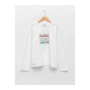 LCW Kids Ekru Bisiklet Yaka Baskılı Uzun Kollu Kız Çocuk Tişört