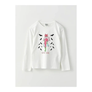 LCW Kids Ekru Bisiklet Yaka Baskılı Uzun Kollu Kız Çocuk Tişört