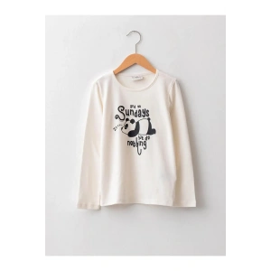 LCW Kids Ekru Bisiklet Yaka Baskılı Uzun Kollu Pamuklu Kız Çocuk Tişört