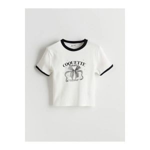 LCW Kids Ekru Bisiklet Yaka Fiyonk Baskılı Taşlı Kız Çocuk Tişört T T